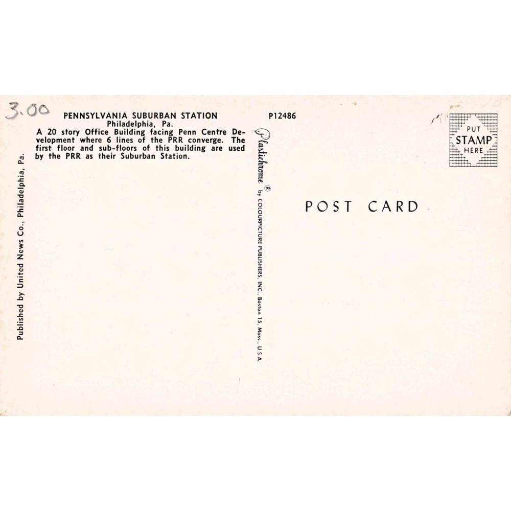 Vintage Pennsylvania Suburban Station Philadelphia Postcard Plastichrome P12486 - Picture 2 of 2